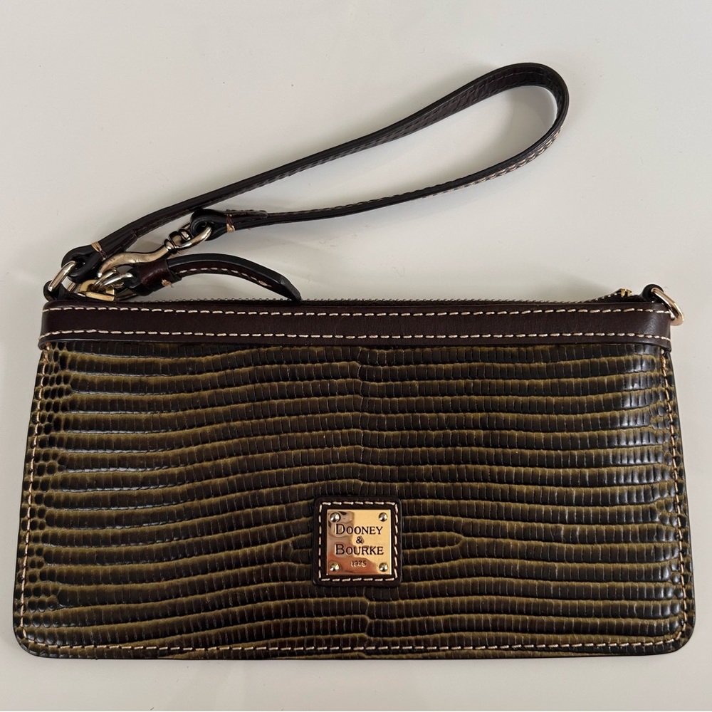 Dooney and Bourke long slim brown wristlet small purse red interior